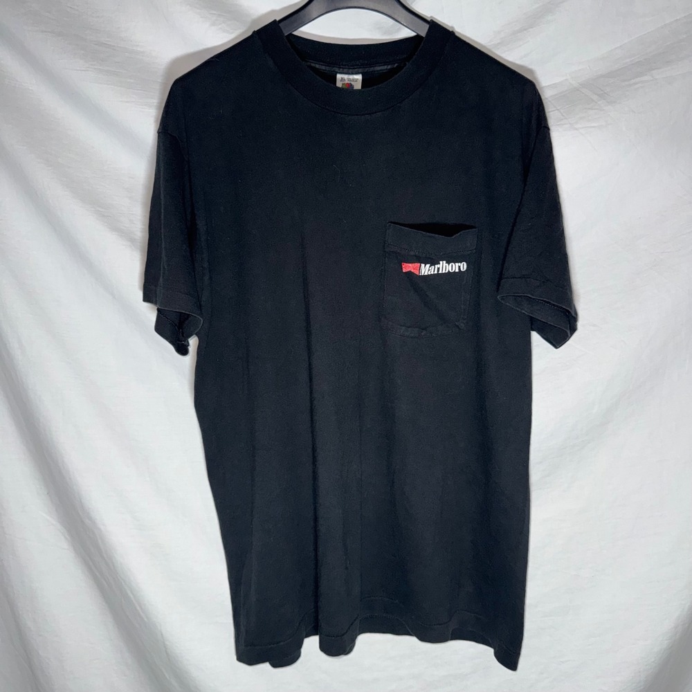 Vintage 90s Marlboro Pocket T-Shirt Single Stitch XL Black Cowboy Graphic Tee
